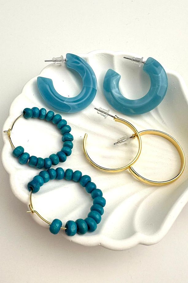 Mavi Üç Çift Renkli Halka Küpe Seti (ÇAPI 3 CM) - 3