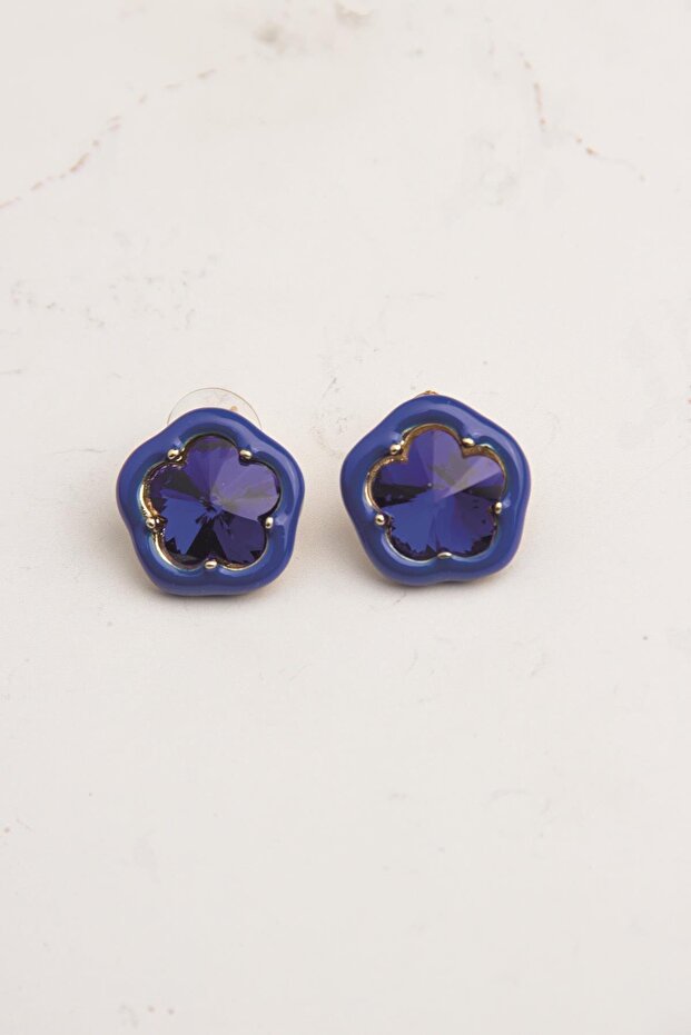 Navy Blue Jewelled Enamel Flower Earrings (2cm)