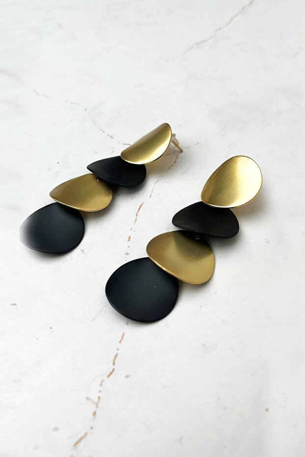 أقراط دائرية متدلية باللون الذهبي/الأسود - 1