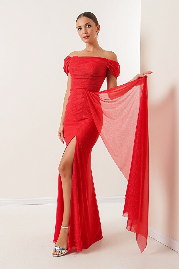 Önü Büzgülü Düşük Kol Astarlı Simli Uzun Elbise - 3