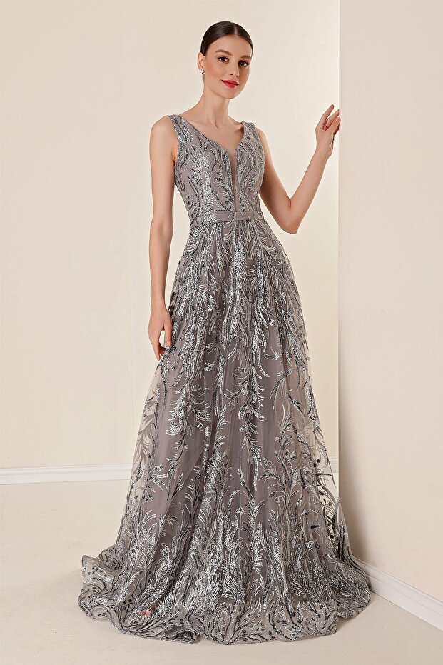 Thick Straps Lined Silvery Flock Printed Long Dress