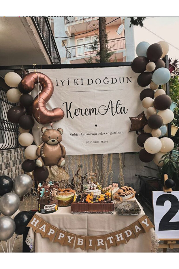 64 Pieces Chocolate Brown Color Foil Balloons with Big Bear Pattern Kraft Banner and Chain Set