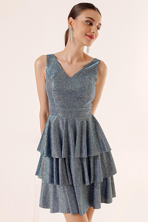 Ön Arka V Yaka Simli Katlı Elbise - 2