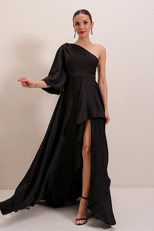 One Sleeve Flounce Front Lined Crepe Satin Long Dress