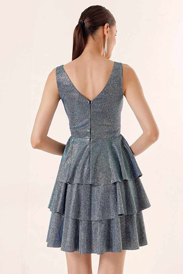 Ön Arka V Yaka Simli Katlı Elbise - 4