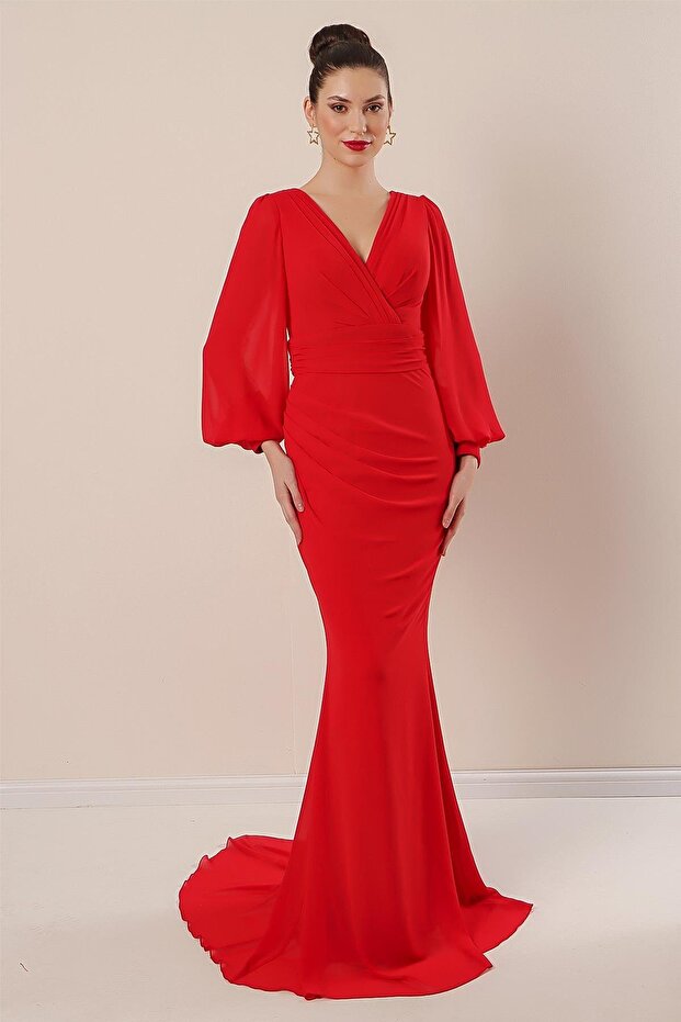 Double Breasted Neckline Front Gathered Lined Long Chiffon Dress