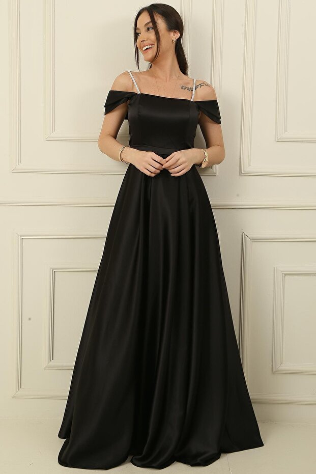 Spaghetti Strap Stone Detailed Square Neck Lined Long Satin Dress