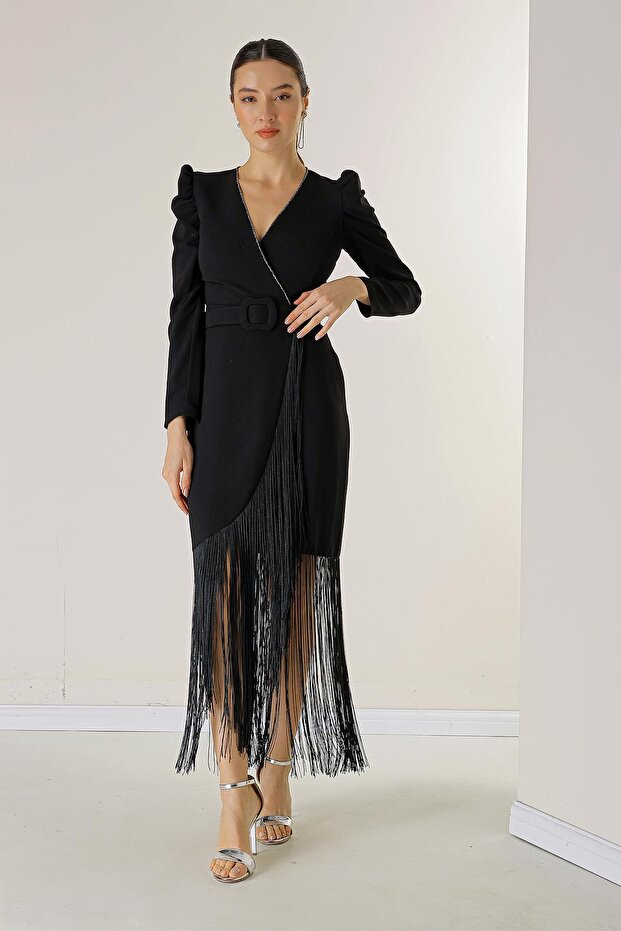 Double Breasted Collar Shoulders Padded Waist Belt Lined Tassel Crepe Dress