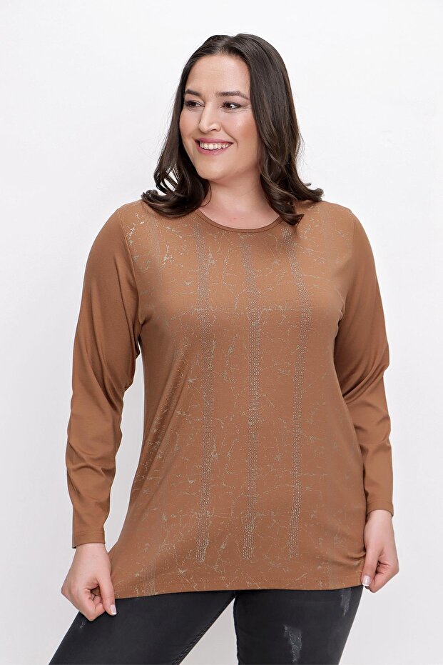 Stone Stripe Pattern Long Sleeve Plus Size Lycra Viscose Blouse
