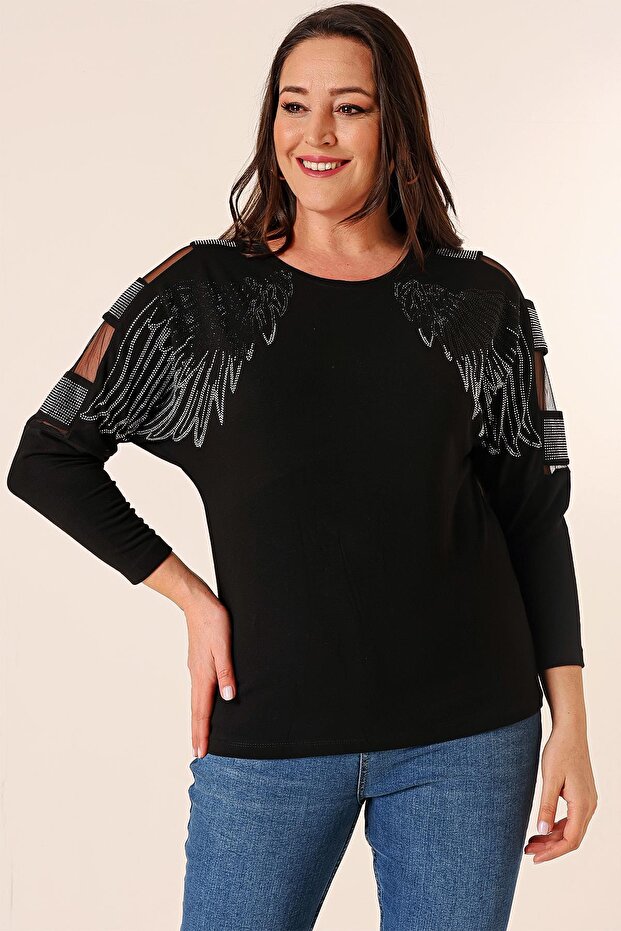 Plus Size Strawberry Blouse with Stone Wing Print on the Front and Low-cut Sleeves