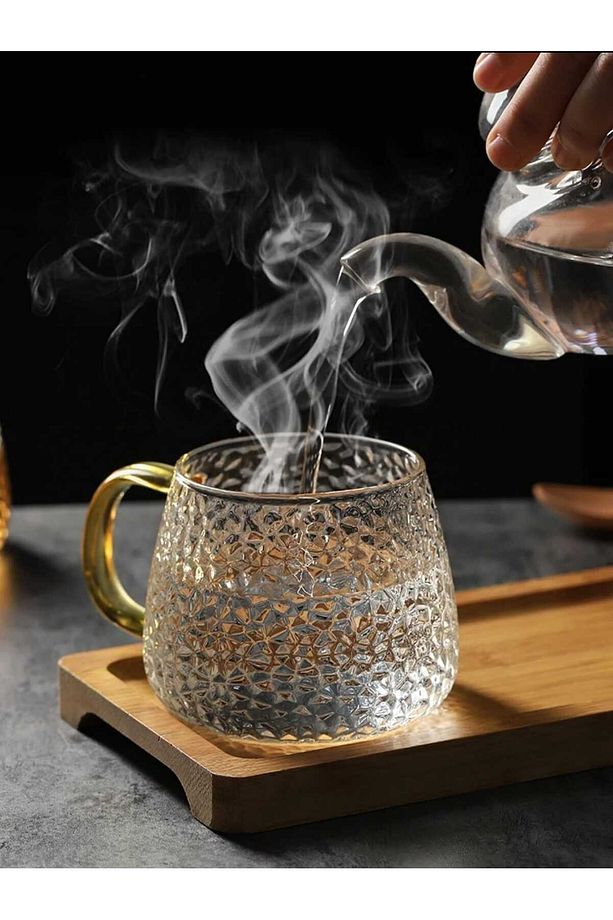 Sarı Saplı Petek Desen Borosilikat Cam  Kupa 400 ml - 4
