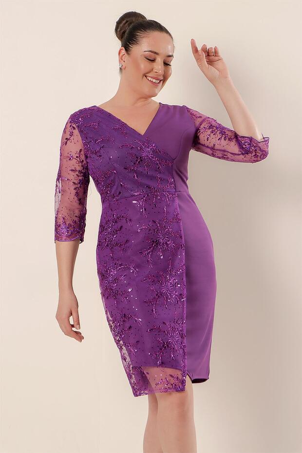 One Side Sleeves Lace Plus Size Evening Dress