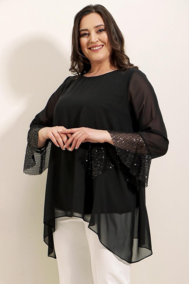 Women's Sequin Detailed Plus Size Asymmetrical Chiffon Blouse