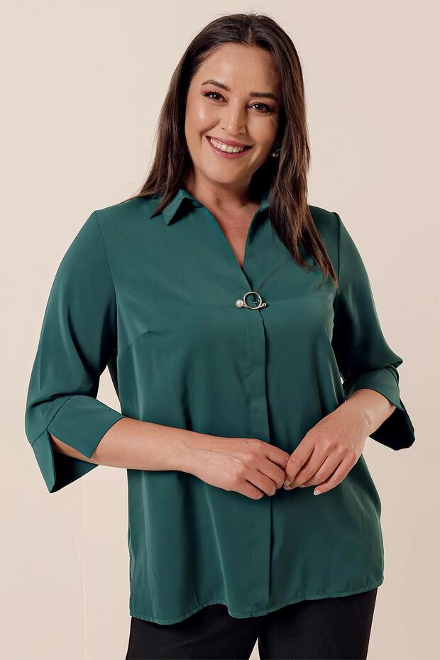 Polo Neck Quarter Sleeve Plus Size Blouse
