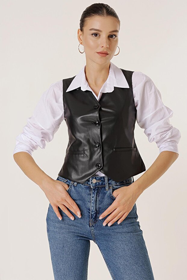 Buttoned Front Pocket Lined Leather Vest