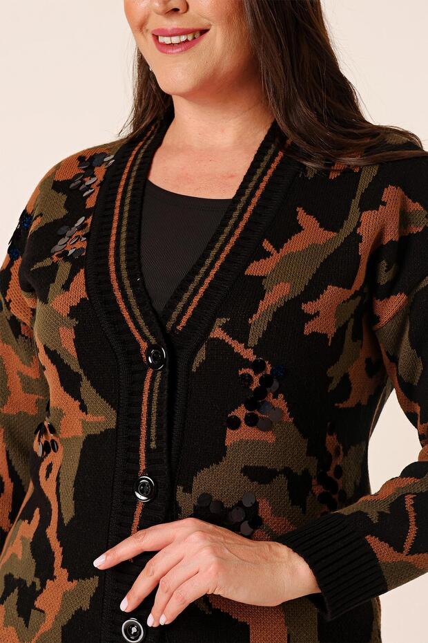 Oversize Kamuflaj Pullu Uzun Triko Hırka - 4