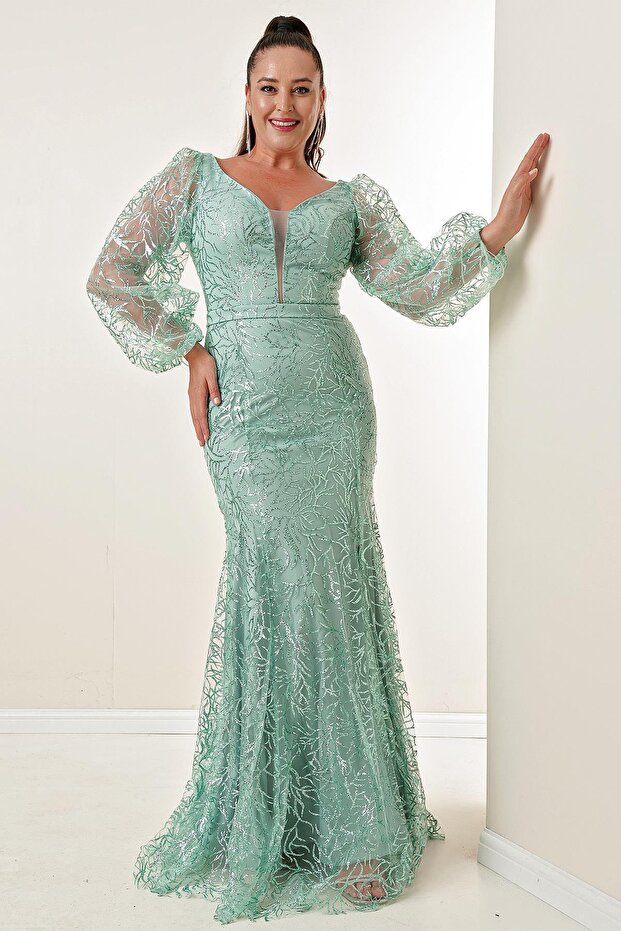 Front Back V-Neck Glittery Flock Print Plus Size Long Dress