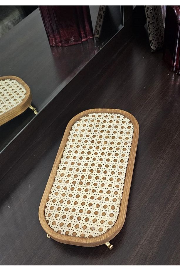 Ahşap Rustik Gold Ayaklı Hazeran Tepsi Rattan Sunum - 3
