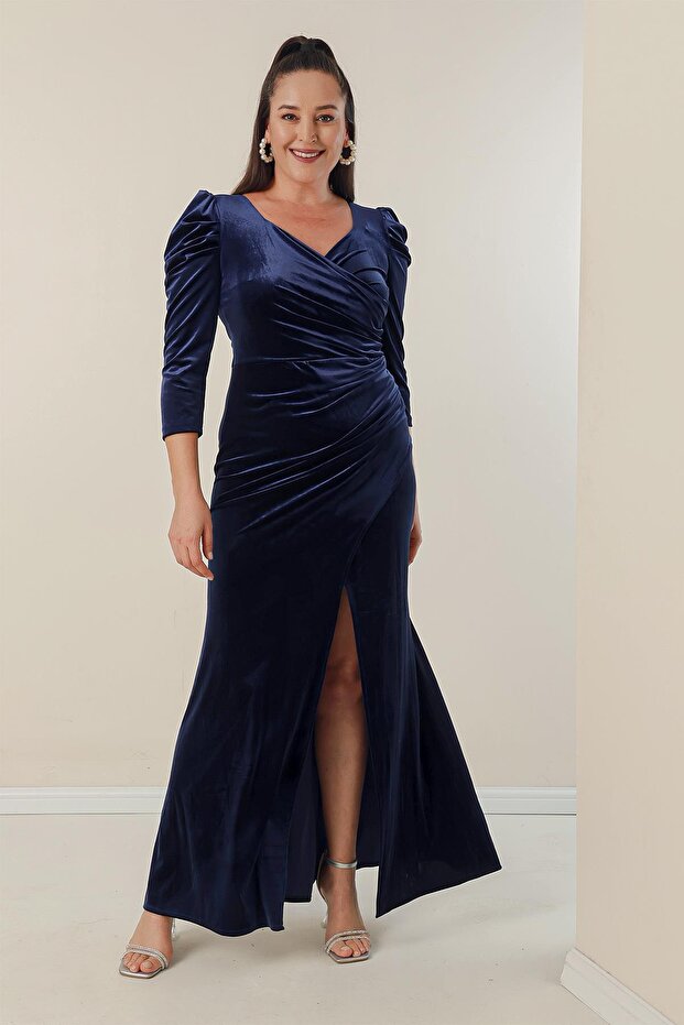 Double Breasted Neckline Front Draped Plus Size Velvet Long Dress