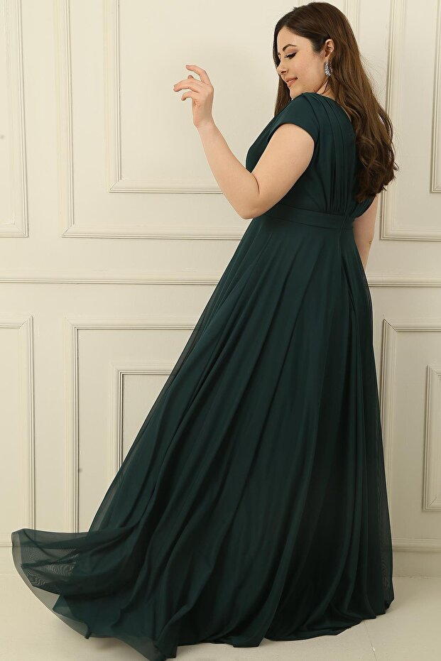 Dvouřadý límec podšitý rukávem na nehty Plný kruh rozšířený šifonový tyl velké velikosti Dlouhé šaty - 4