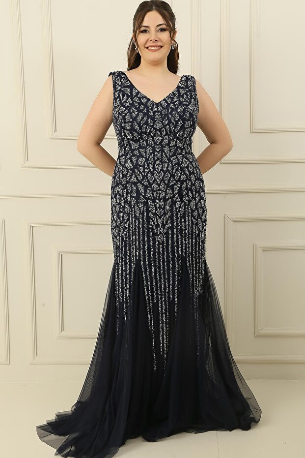 Front Back V-neck Jewel Embroidered Back Tie-Up Lining Large Size Long Dress