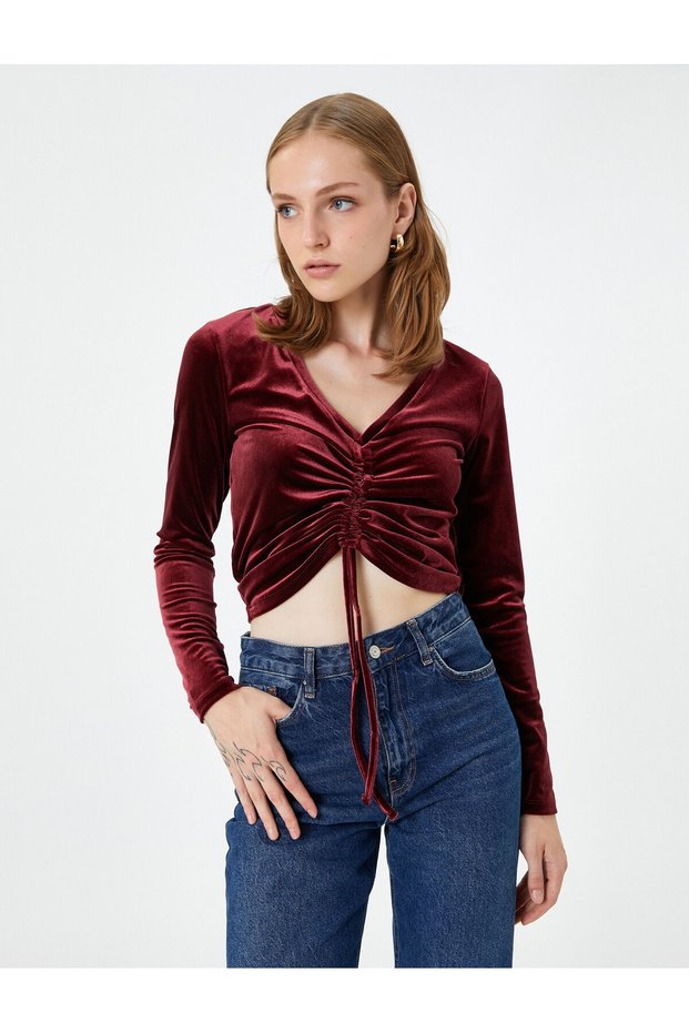 Crop Velvet T-Shirt Long Sleeve V-Neck Gathered