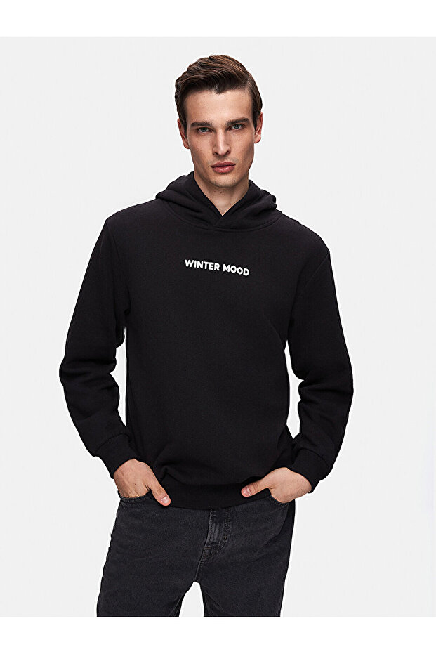 Sloganlı Kapüşonlu Regular Siyah Sweatshırt - 2