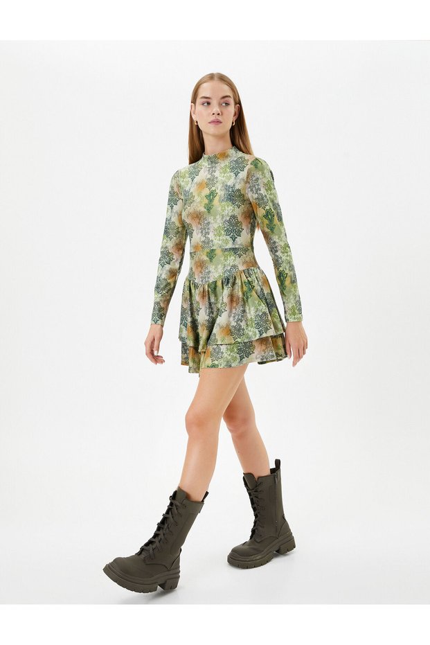 Floral Mini Dress Long Sleeve Tiered High Collar