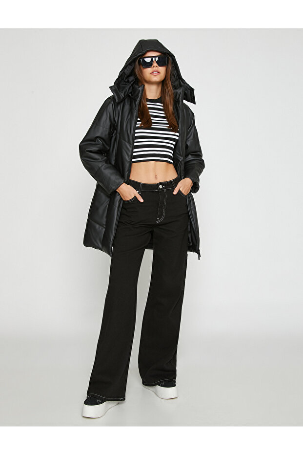 Long Puffer Jacket with Hooded Zipper