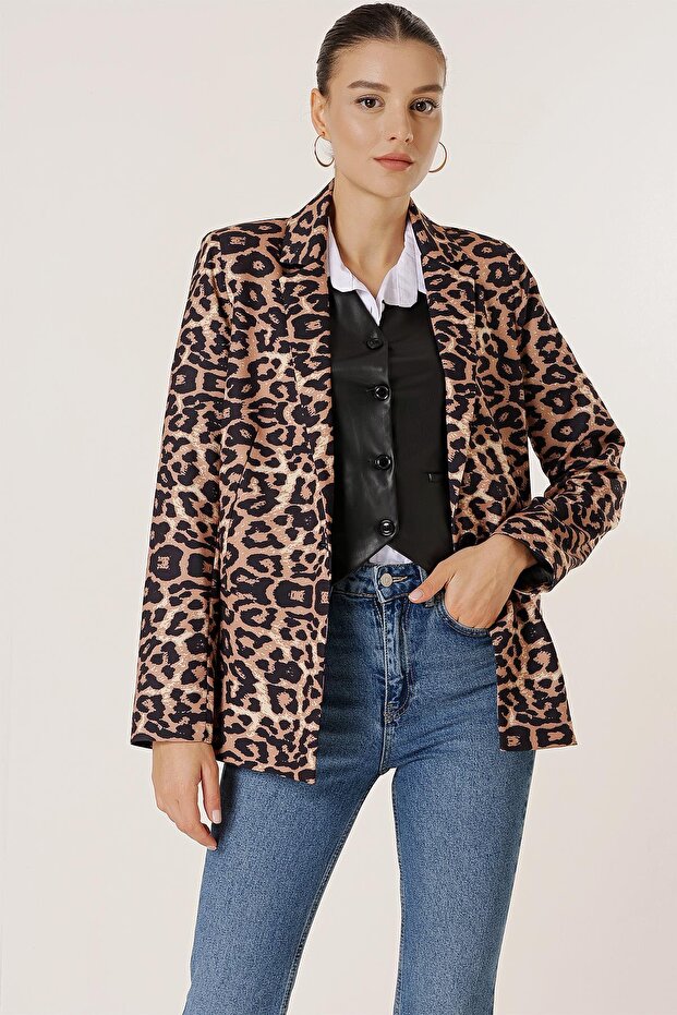 Single Button Lined Leopard Pattern Comfortable Fit Jacket - 2