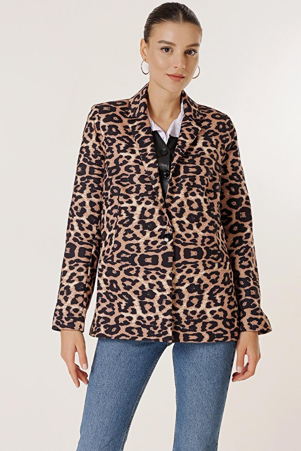 Single Button Lined Leopard Pattern Comfortable Fit Jacket - 1