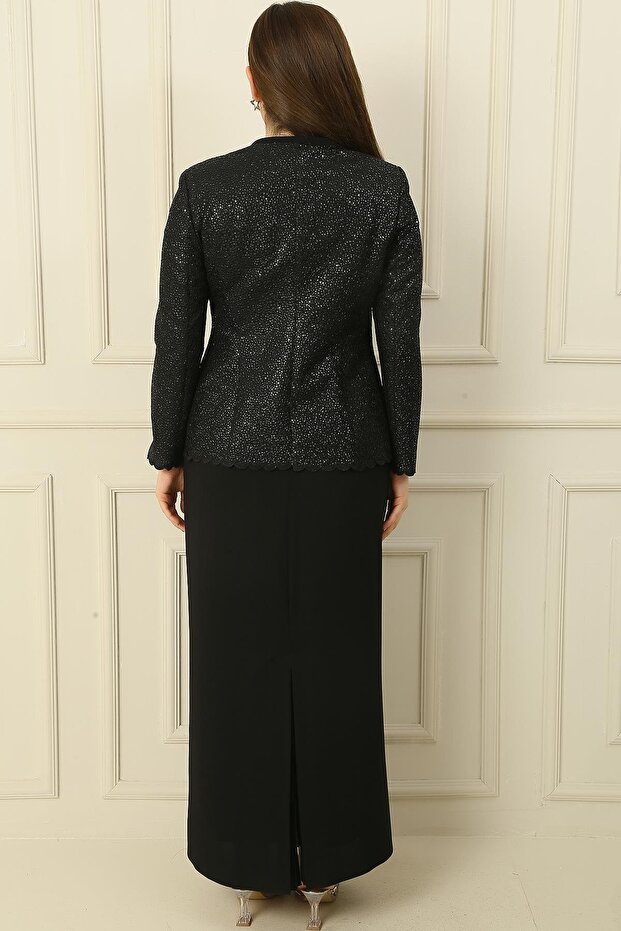 2-teiliges Set mit Kragen, Steinfutter, langem Kreppkleid und Paillettenjacke in Übergröße - 4