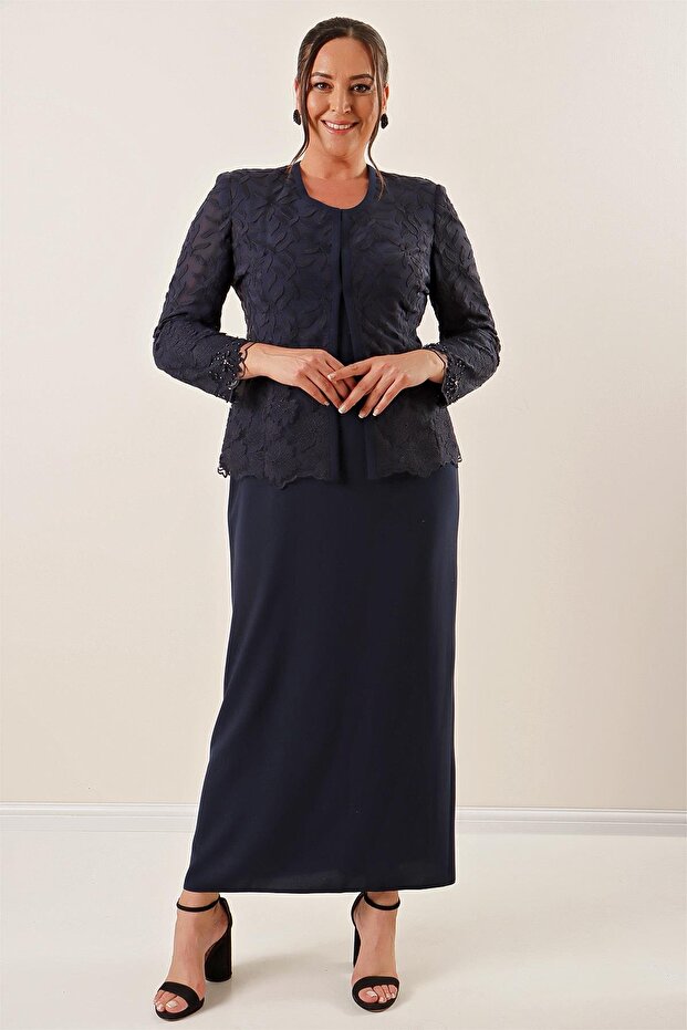 Beadwork Embroidered Guipure Lined Dress Jacket Plus Size 2-Piece Set