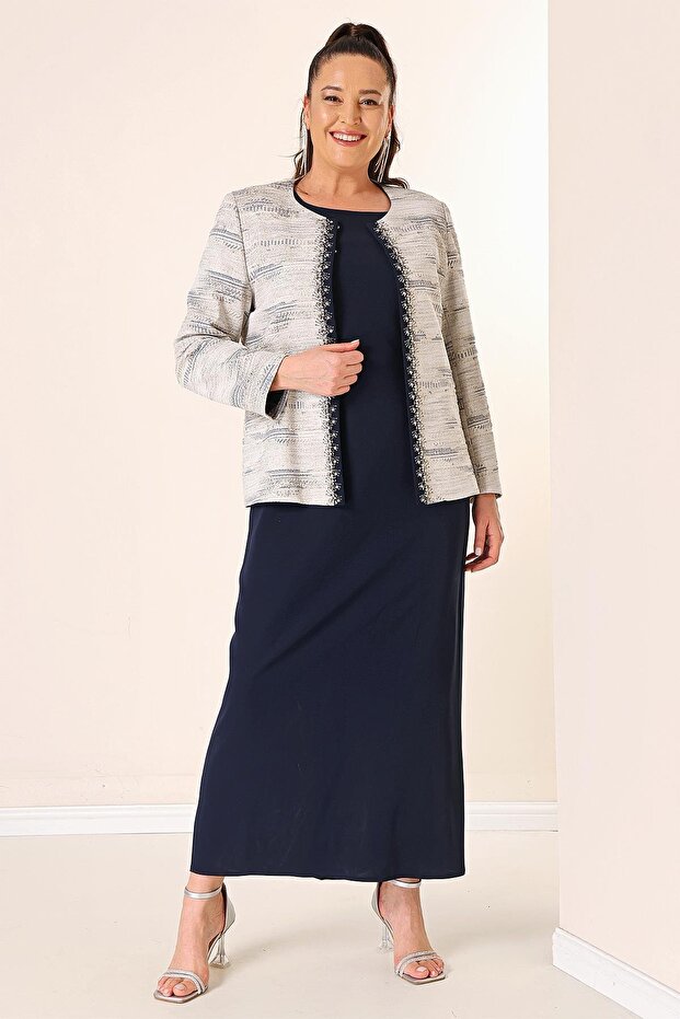 Sleeveless Long Dress Stone Detailed Jacquard Large Size Lined 2-Piece Set