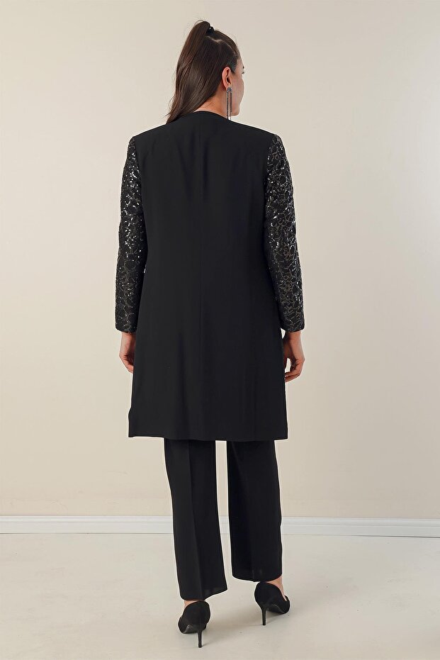 Crepe Blouse with Side Slits, Sleeves and Sequin Lined Jacket and Trousers Plus Size 3-Piece Set - 5
