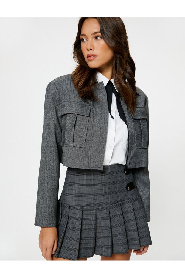 Crop Padded Jacket with Cargo Pocket Zippered Viscose Blend