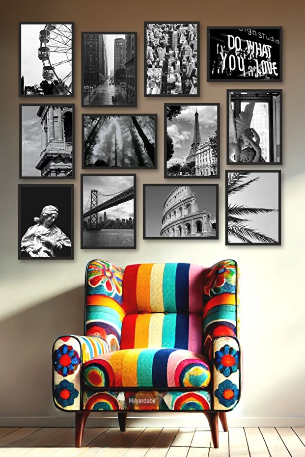 Siyah Beyaz Şehir Manzaraları ile 12 Parça MDF Tablo Seti Evinize Zarif Bir Dokunuş - 1