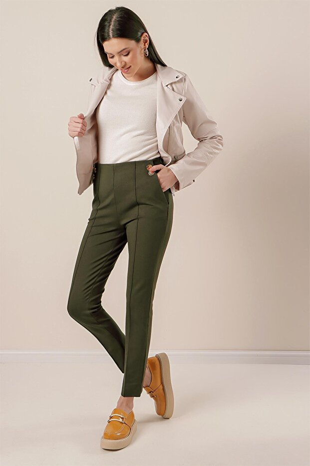 Striped Lycra Trousers with Side Pockets and Button Accessories