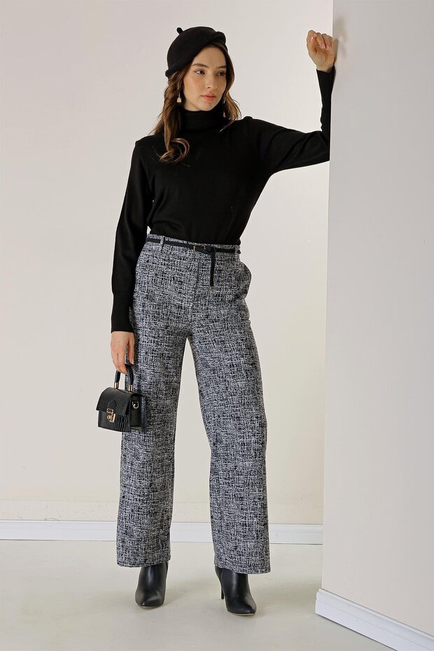Elastic Waist Belt Side Pocket Broken Glass Patterned Palazzo Trousers