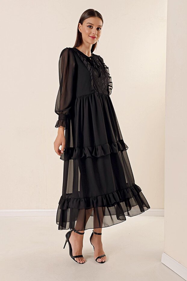 Lace Detail Lined Tiers Chiffon Long Dress