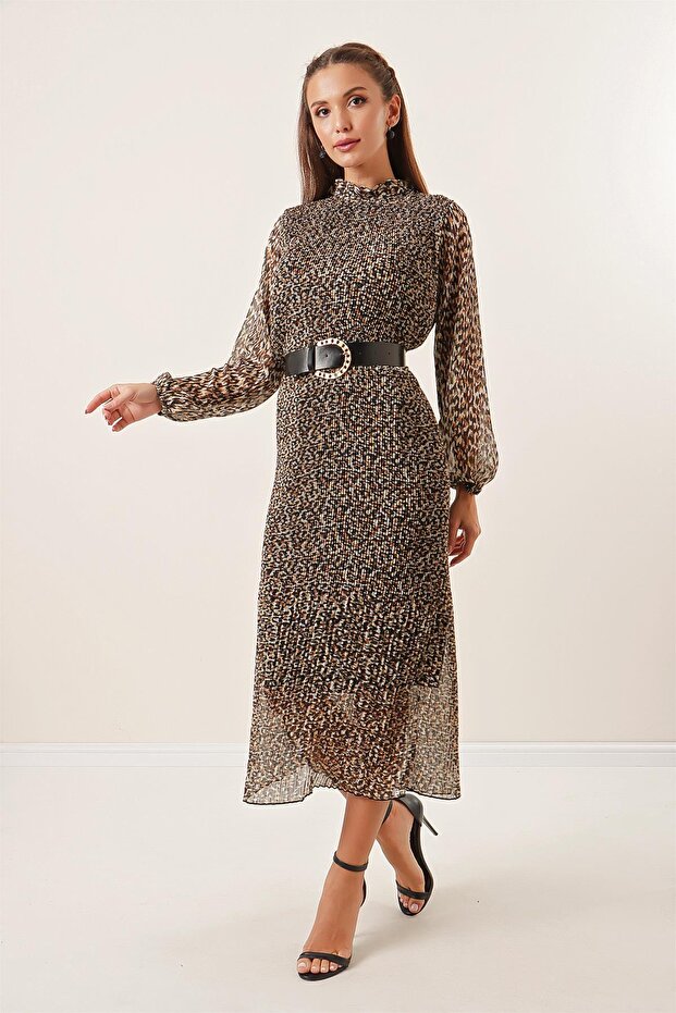 Long Full Pleated Lined Leopard Print Chiffon Dress