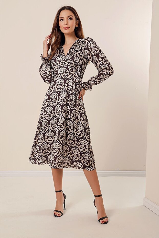 Double-Breasted Neckline Pleated Lace-Up Waist Lined Patterned Satin Dress