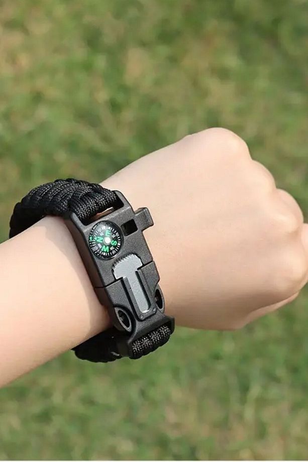 ® 5'i 1 Arada Çok Fonksiyonlu Hayatta Kalma Bilekliği Pusula, Düdük, Çakmak Taşı ve Şemsiye İp - 3