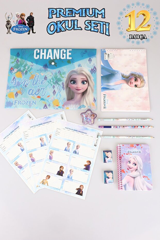 Dekomus Licensed Elsa 12-Piece Stationery Set, Sticker File, School Label, Eraser Pencil