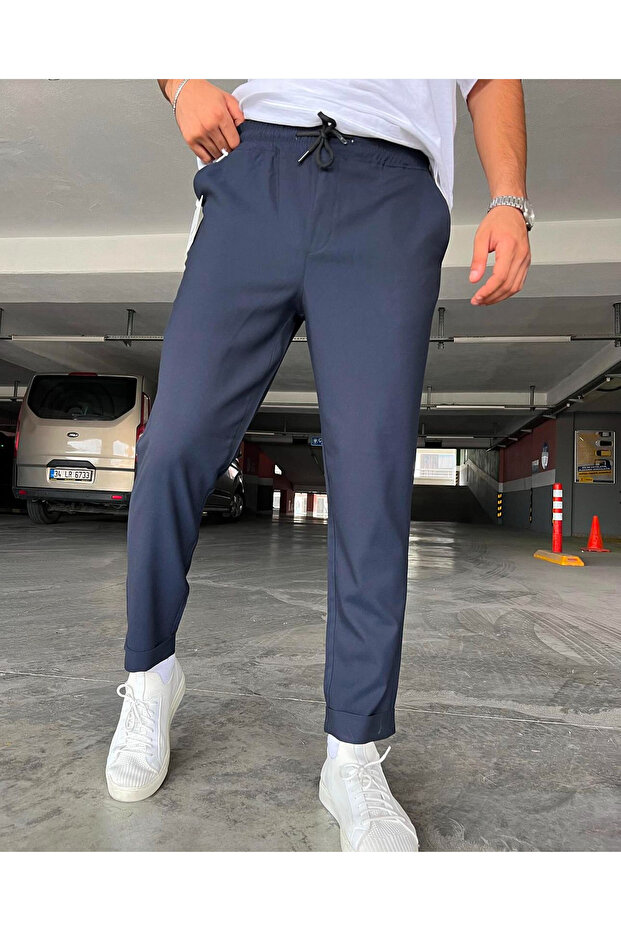 Men's Navy Blue Laced Waist Elastic Slim Fit Relaxed Fit Jogger Pants with Pockets