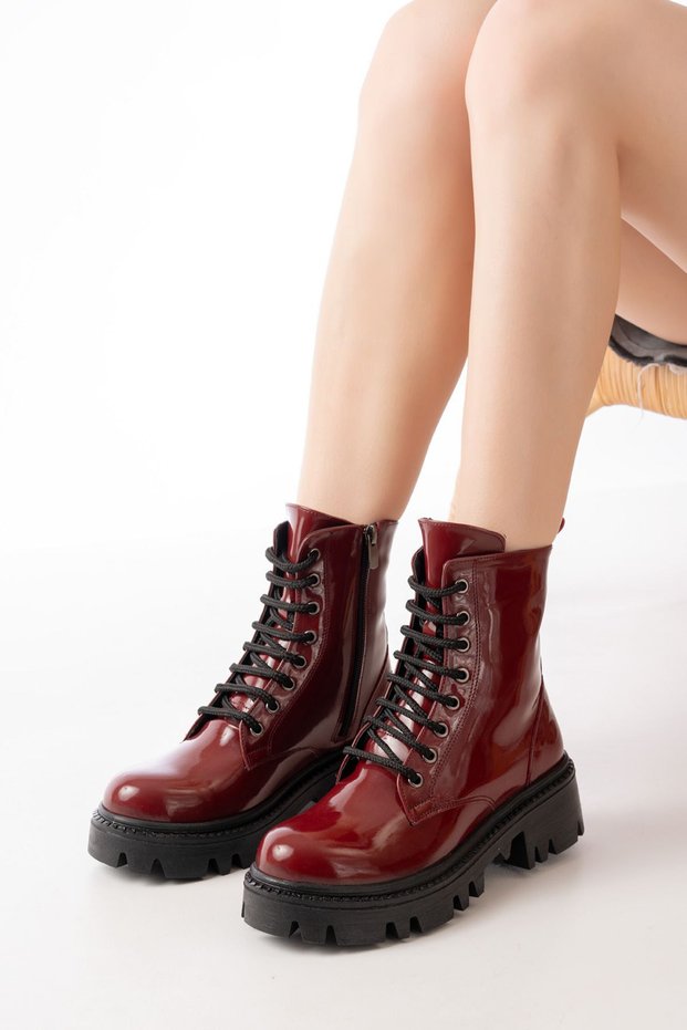 868-356 Claret Red Patent Leather Laced Zippered Daily Women's Boots