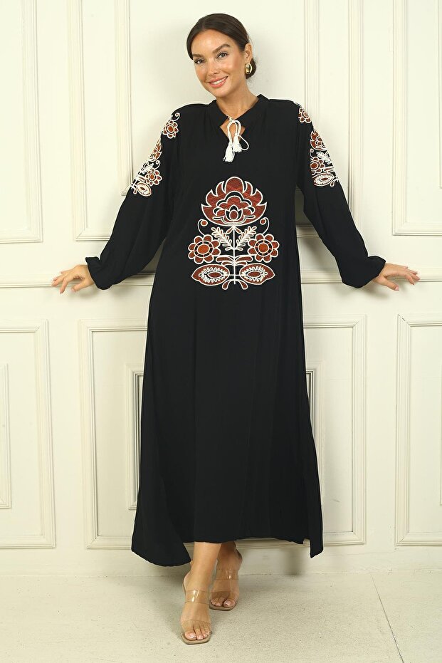Women's Collar Lace-Up Sleeves and Front Embroidery Comfortable Fit Long Viscose Dress