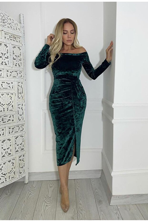 M1969 Velvet Madonna Collar Dress Emerald
