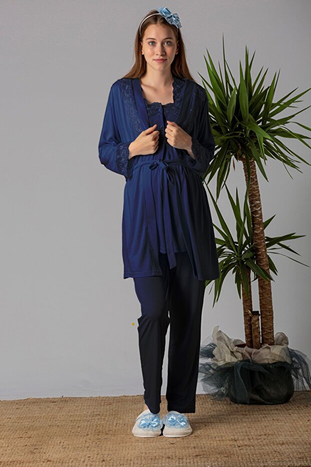 Effortt Navy Blue Maternity Pajama Set with Dressing Gown