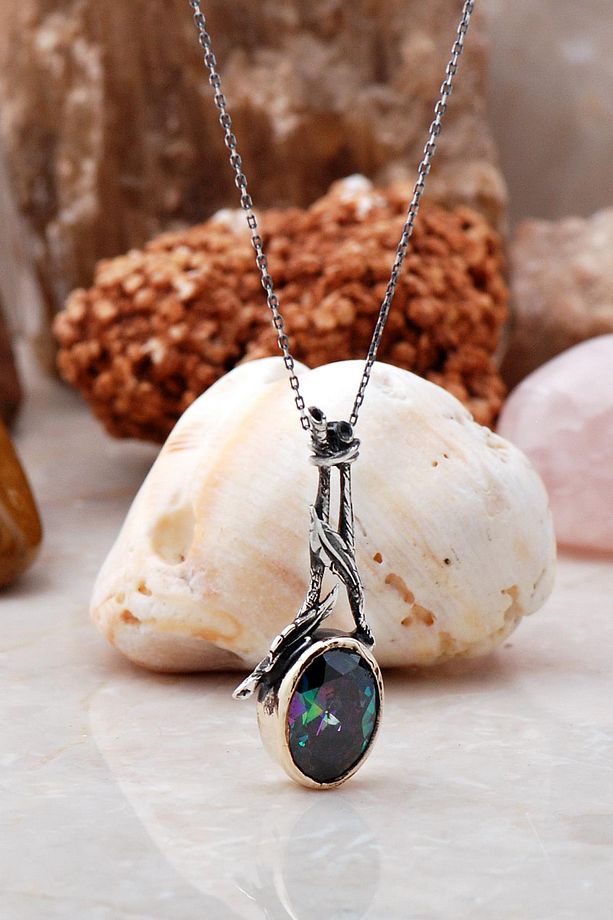 Mistik Topaz Taşlı Sarmaşık Tasarım Gümüş Kolye 6294 - 1